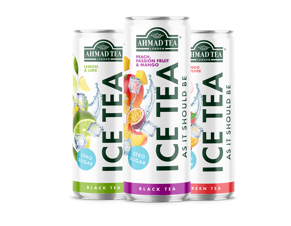 Ahmad Tea Ice Tea range — Lemon & Lime, Peach Passion Fruit & Mango, and Mango & Lychee cans