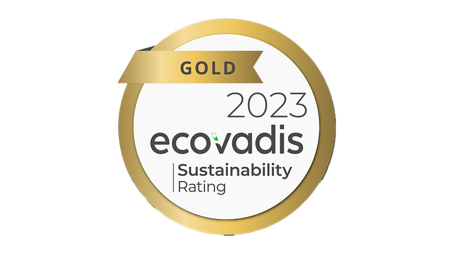 Image is of the EcoVadis 2023 logo, a gold band with the words 2023 ecovadis sustainability rating inside