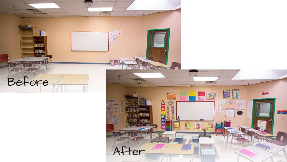 Image shows a classroom before AdoptAClassroom and after the AdoptAClassroom supplies have been delivered