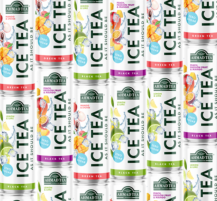A wall of Ahmad Tea Ice Tea cans in various flavours including Green Tea, Black Tea, Peach Passion & Mango, Lemon & Lime, and Mango & Lychee