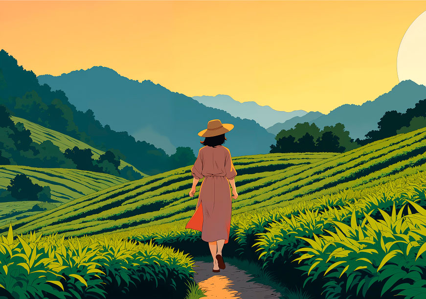 Woman walking through lush green tea plantation at sunset