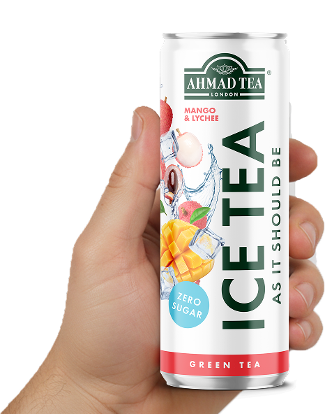 A wall of Ahmad Tea Ice Tea cans in various flavours including Green Tea, Black Tea, Peach Passion & Mango, Lemon & Lime, and Mango & Lychee