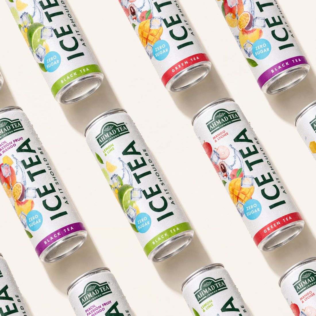Ahmad Tea Ice Tea cans in all three flavours arranged diagonally
