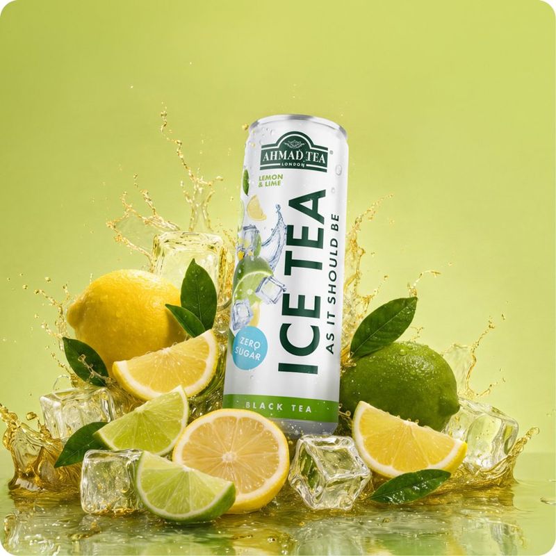 Ahmad Tea Lemon & Lime black tea ice tea can with citrus and ice