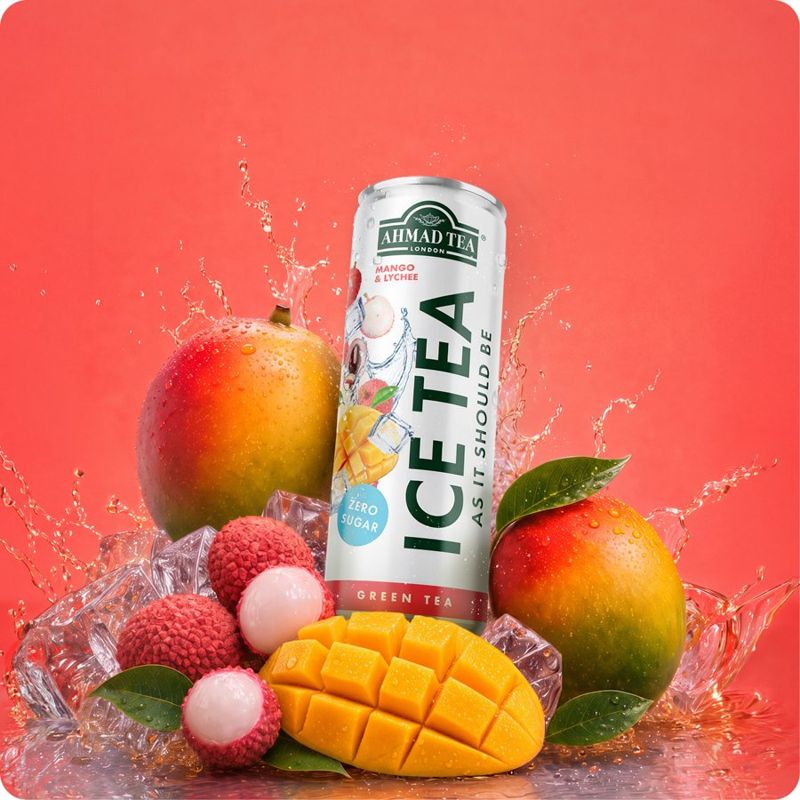 Ahmad Tea Mango & Lychee green tea ice tea can with mango, lychee and ice