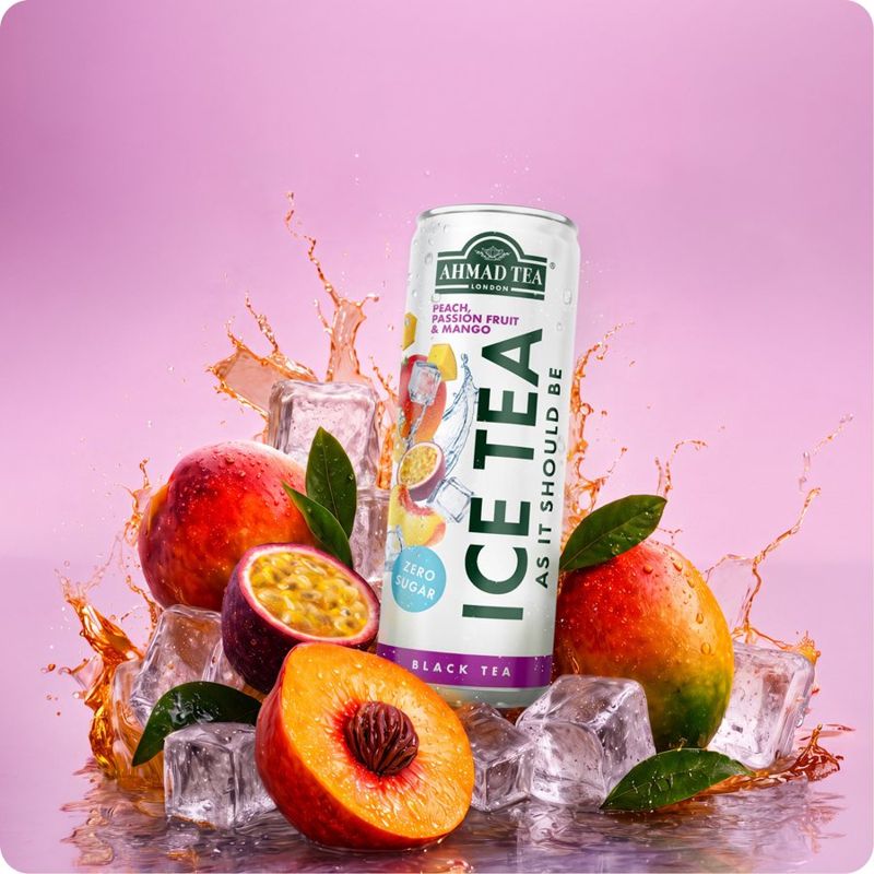 Ahmad Tea Peach, Passion Fruit & Mango black tea ice tea can with fruit and ice